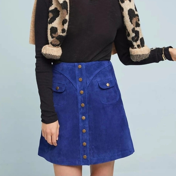 Anthropologie Blue Suede mini skirt 100% leather Sz 4 NWT - Picture 1 of 8
